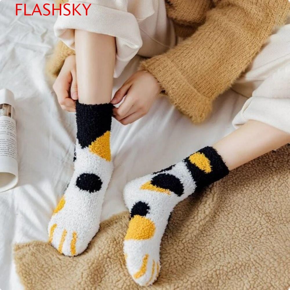 Flashsky 1 คู่ถุงเท้าฤดูหนาวอุ้งเท้าแมว, นิ้วสัตว์ Thicken Coral ขนแกะถุงเท้าอุ่น, แฟชั่นขนแกะปะการังนุ่ม Cat Paw Sleeping ถุงเท้าหญิง