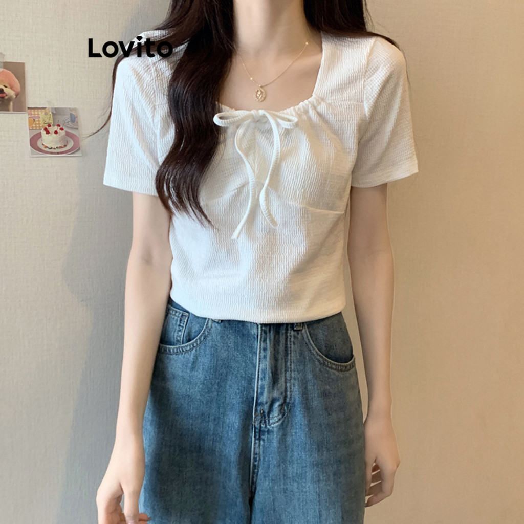 Lovito เสื้อยืดผู้หญิง สไตล์ลำลอง สีพื้น แต่งโบหน้า LNE33224 (สีขาว)