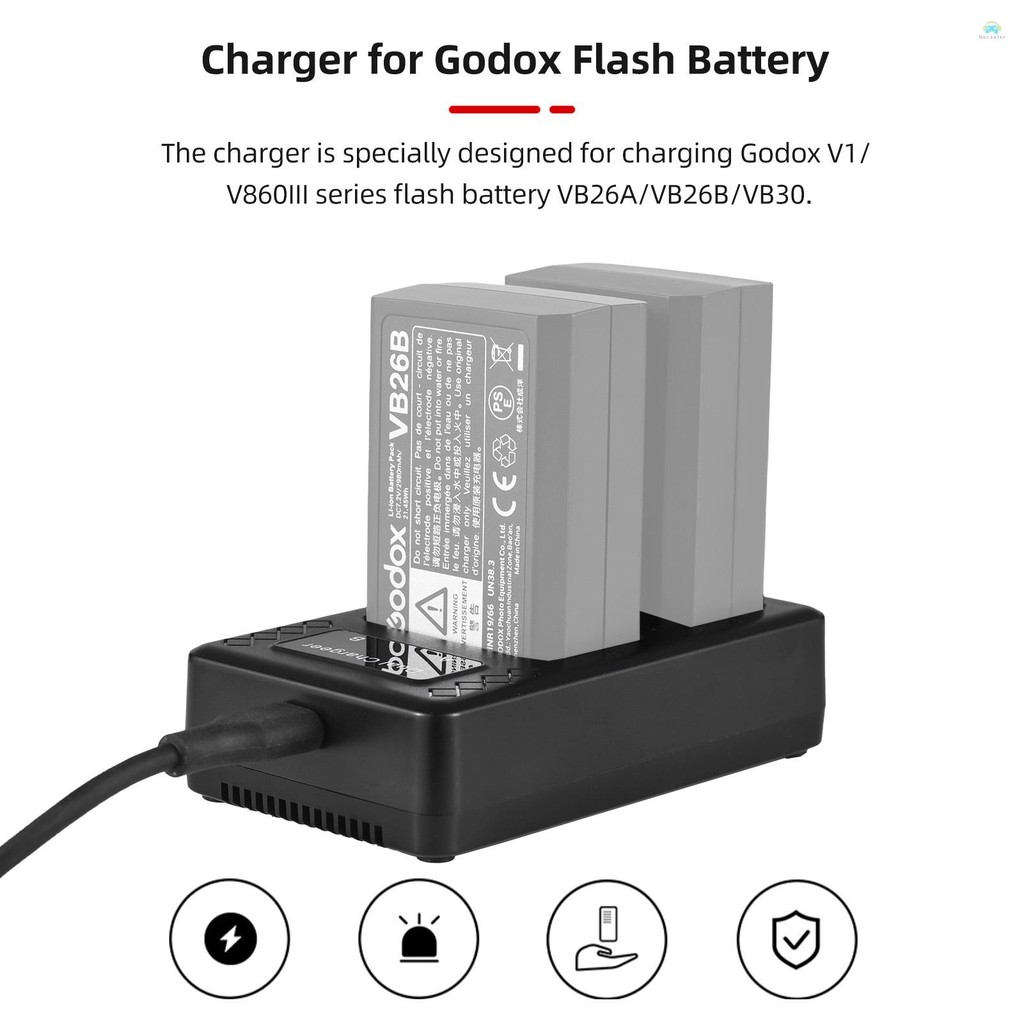 Yb2 Dual Charger แบบพกพา 2 ช่องแบตเตอรี่สําหรับ Godox V1/ V860III Series แฟลช Speedlite แบตเตอรี่ VB26A/VB26B/VB30