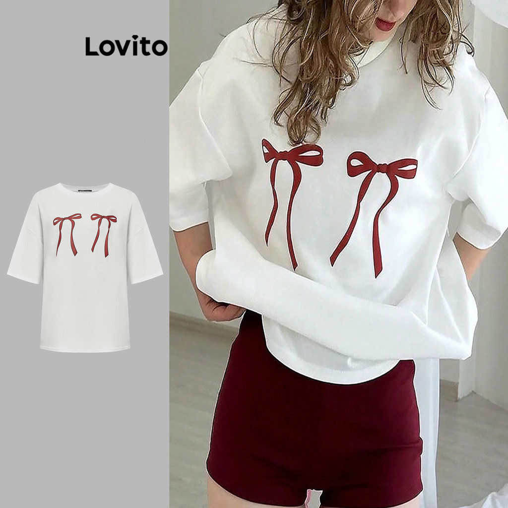 Lovito เสื้อยืดโบว์ธรรมดาสำหรับผู้หญิง LAD106230