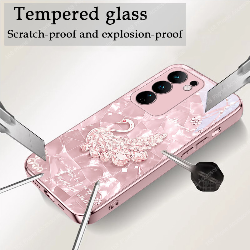 เคส Vivo V60 V50 V40 V50 Lite Y200 V30 V29 5G เคส Vivo V40 Pro เคสกันกระแทกน่ารักหรูหราแวววาวหงส์พร้อมฝาครอบกล้องเลนส์ป้องกันของเหลวแก้วโทรศัพท์สําหรับสาวผู้หญิง - รูปที่ 5