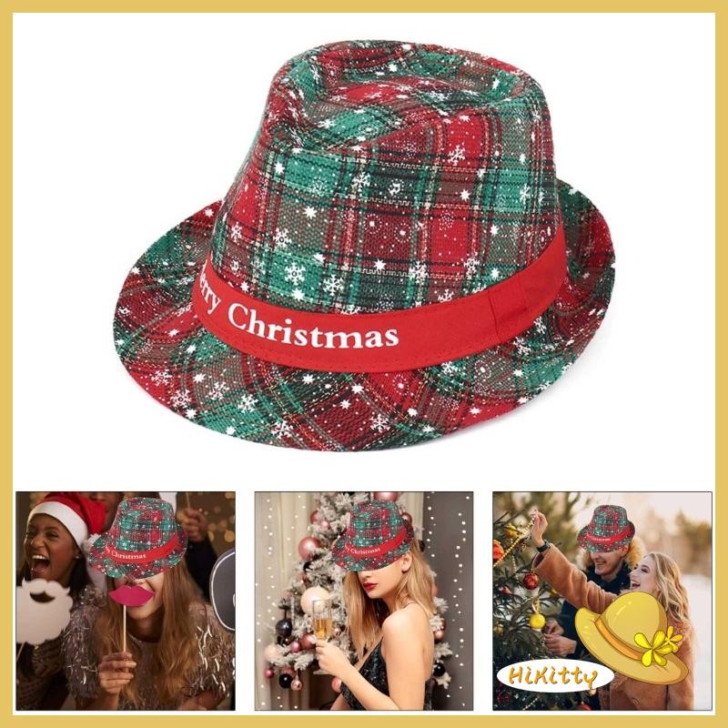Hik หมวกพิมพ์คริสต์มาส Checker หมวกด้านบนเทศกาลดนตรี Jazzy หมวก Party Gathering หมวก