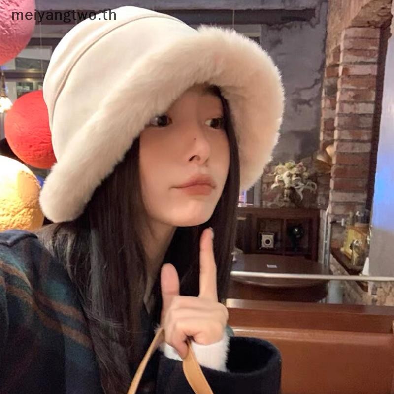 Meiyangtwo.th แฟชั่นอินเทรนด์ Furry Bucket หมวกสําหรับผู้หญิงสาวอเนกประสงค์ Rolling Brim หมวกฤดูใบไม้ร่วงฤดูหนาว Windproof อบอุ่นป้องกันหูหมวกของขวัญใหม่