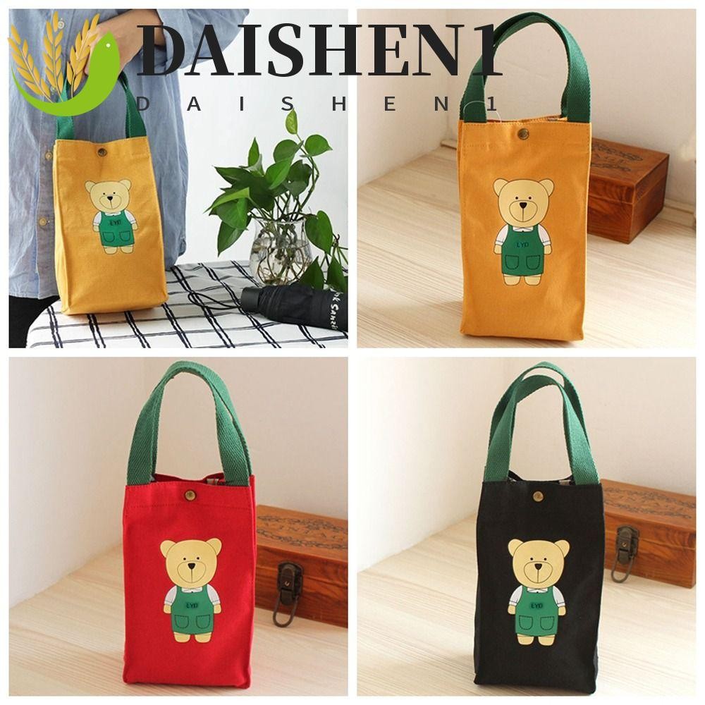 Daishen1 กระเป๋าผ้าแคนวาส พิมพ์ลายการ์ตูนหมีน่ารัก ติดกระดุมแม่เหล็ก สําหรับใส่แก้วน้ํา กลางแจ้ง