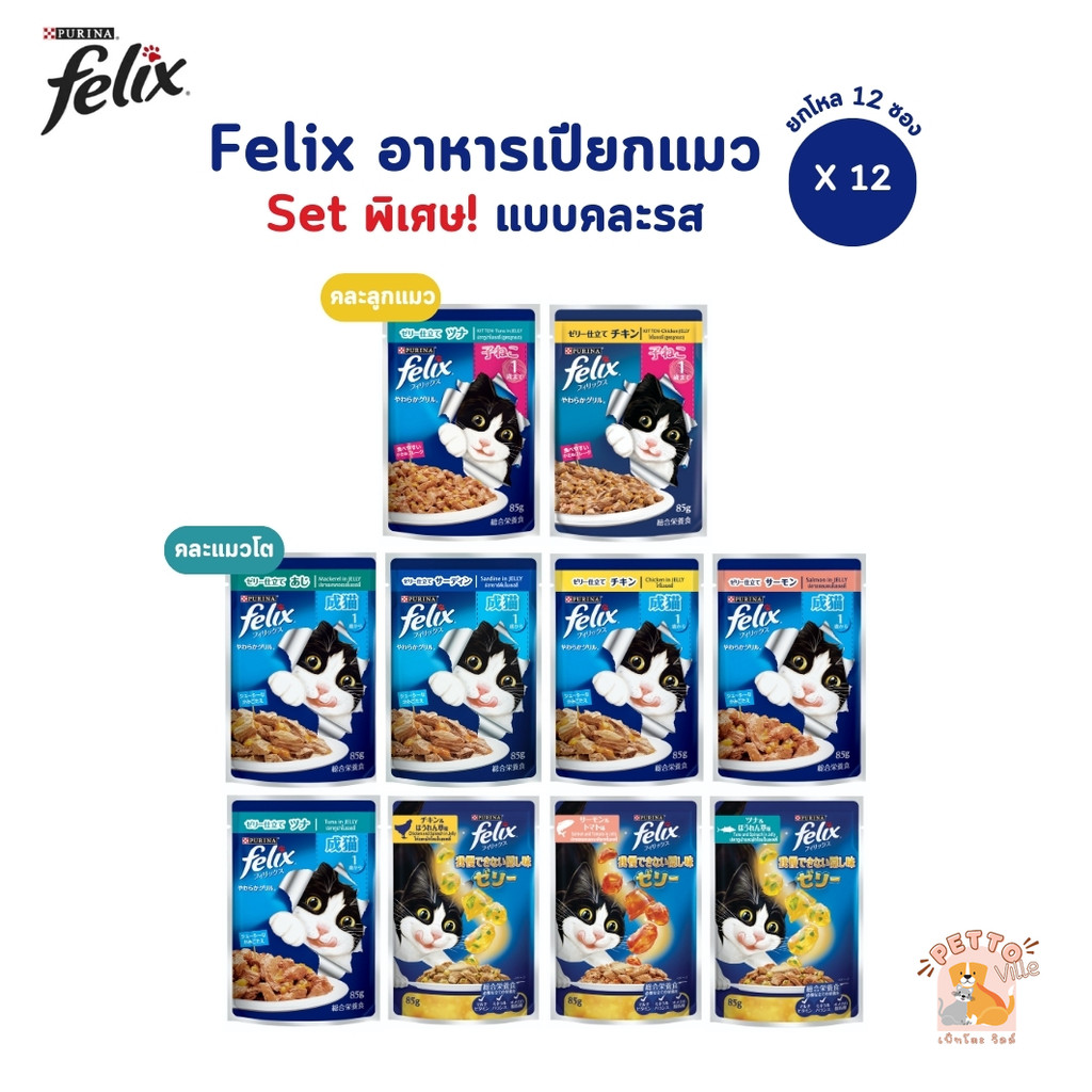 [พิเศษ!! Set คละรส] FELIX เฟลิกซ์ อาหารเปียกแมว แบบคละรสชาติ ขนาด 85 กรัม ยกโหล 12 ซอง