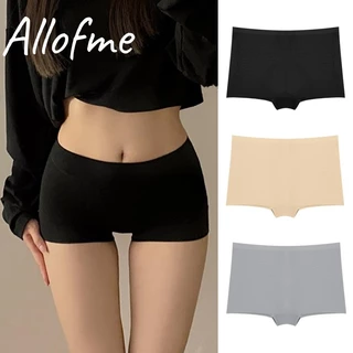 Allofme ผู้หญิงบ๊อกเซอร์กางเกงกลางเอวน้ำแข็งผ้าไหมกางเกงไม่มีรอยต่อชุดชั้นในสีทึบกางเกงขาสั้นสำหรับเด็กชาย