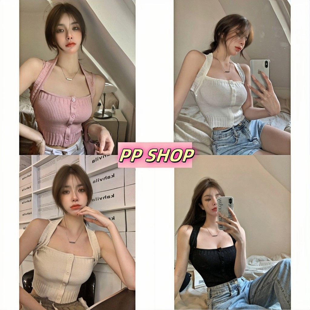 PP Shop​ ​​พร้อมส่งเสื้อสายเดี่ยวแขนกุดใส่สบายผ้าถักสำหรับผู้หญิง สีพื้น เซ็กซี่ ทรงสวย ผ้ายืด คล้องคอสไตล์เกาหลี#56046
