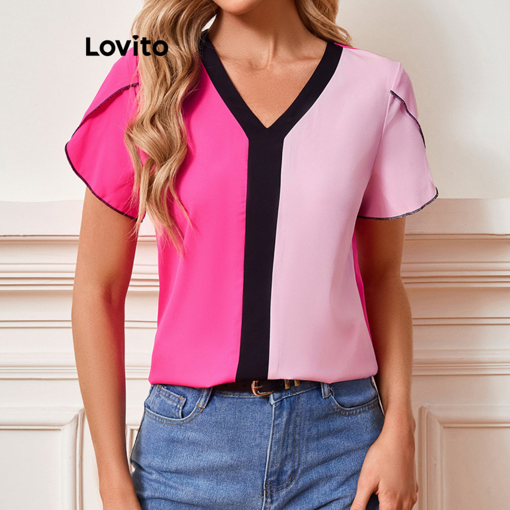 Lovito เสื้อเบลาส์ สีบล็อกเรียบหรูสำหรับผู้หญิง LBL16663