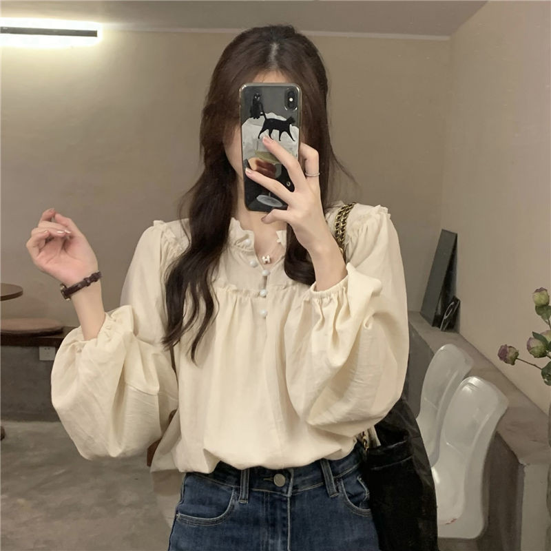ฝรั่งเศสย้อนยุคเชื้อราขอบแสงหรูหราเสื้อแขนยาวผู้หญิงฤดูใบไม้ร่วงแนวโน้มทุกการแข่งขันใหม่สบายๆเก๋หลวมทุกการแข่งขันด้านบนเสื้อผ้าสตรี