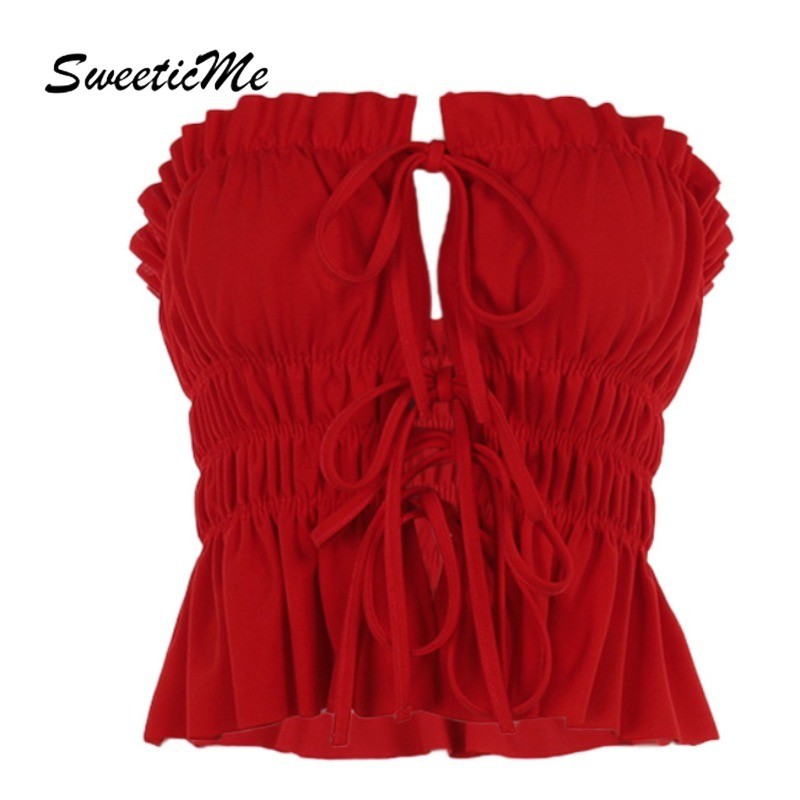 Sweeticme เสื้อสตรี 2024 ใหม่แฟชั่นสีทึบเซ็กซี่ Hollow Lacing Tube Tops