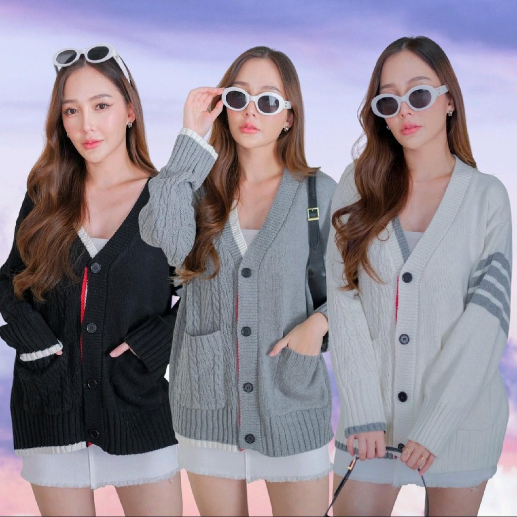 PINKเสื้อกันหนาวไหมพรมแขนยาว กระเป๋าหน้า (อก46-52นิ้ว)