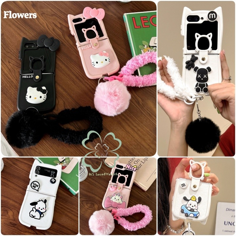 น่ารัก 3D รูปแบบการ์ตูนหูแมวซองหนัง Samsung Galaxy Z Flip 6 Z Flip 5 Z Flip 4 Z Flip 3 Casing with Ring Soft Hairball Lanyard Link Buckle Cover Z Flip6 Flip5