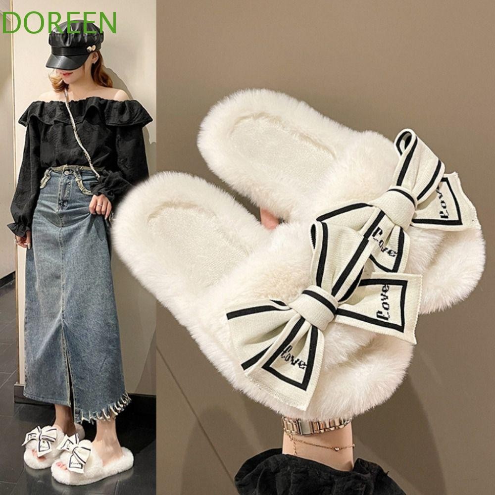 Doreen Bowknot Fur รองเท้าแตะ, หนานุ่ม Plush One-line รองเท้าแตะ, ฤดูหนาวลื่น Warm Fluffy บ้านรองเท้าแตะรองเท้ารองเท้า