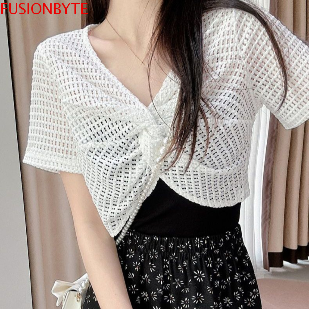 Fusionbyte ตาข่ายถักเสื้อสวมหัวด้านบน,แขนสั้น Knot Hollow Out Crop Top, Leisure V คอสไตล์โบฮีเมียนสีทึบป้องกันแสงแดดผ้าคลุมไหล่ T เสื้อผู้หญิง