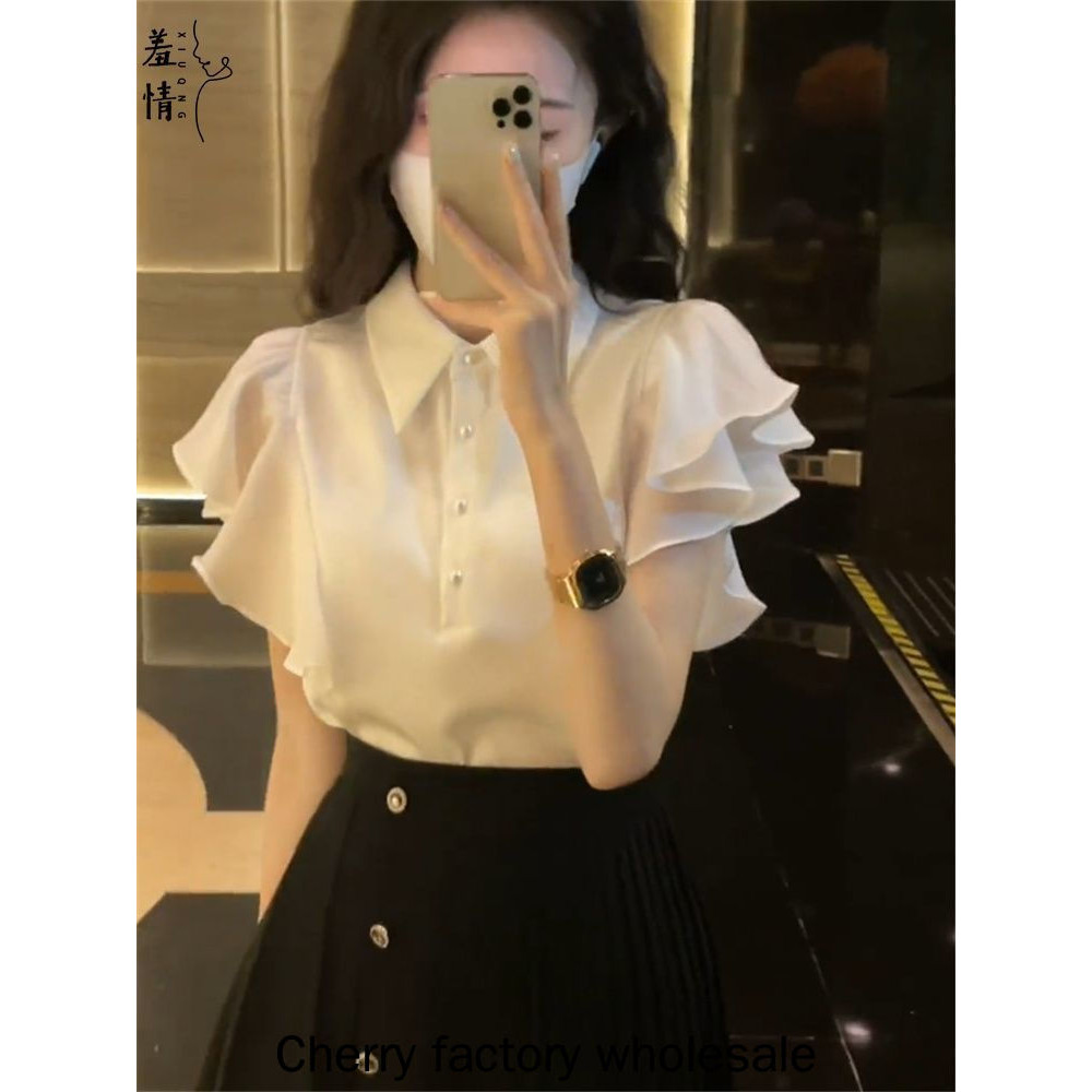 แฟชั่นผู้หญิงสไตล์ใหม่สีขาวเร้าใจเสื้อโปโลปกบินขนาดเล็กแขนด้านบนเสื้อผ้าชั้นนําของผู้หญิง
