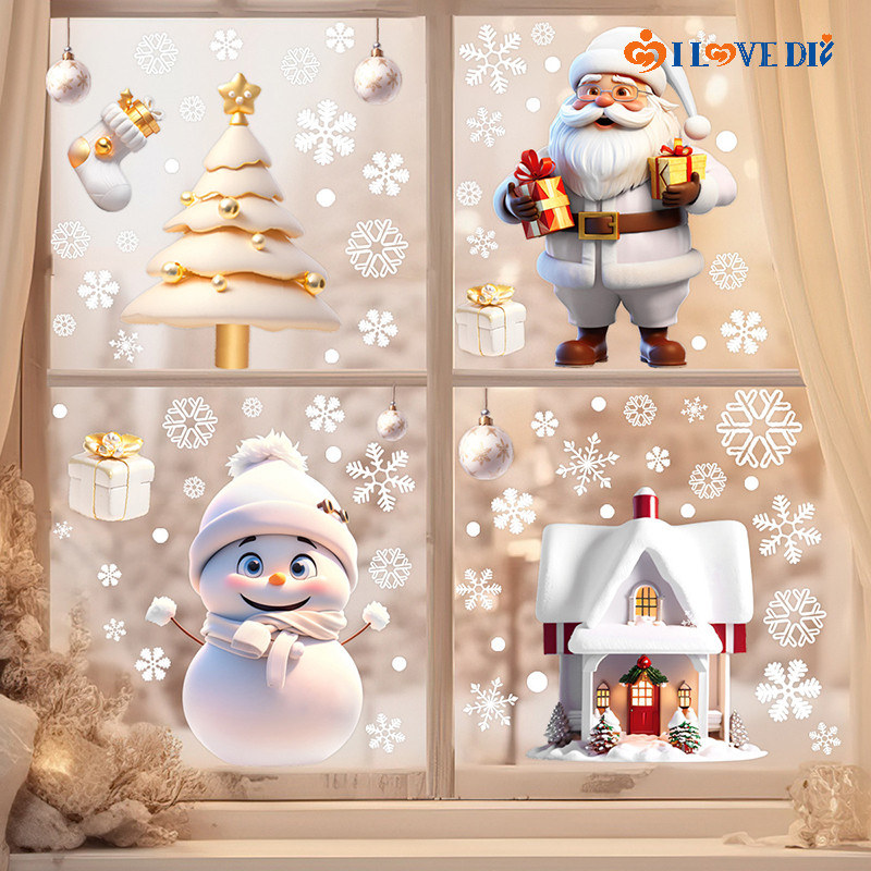 น่ารักการ์ตูนสไตล์คริสต์มาส Snowman Window Applique - Santa Claus สติกเกอร์ไฟฟ้าสถิต - โรแมนติก Xmas Snowflake Decal