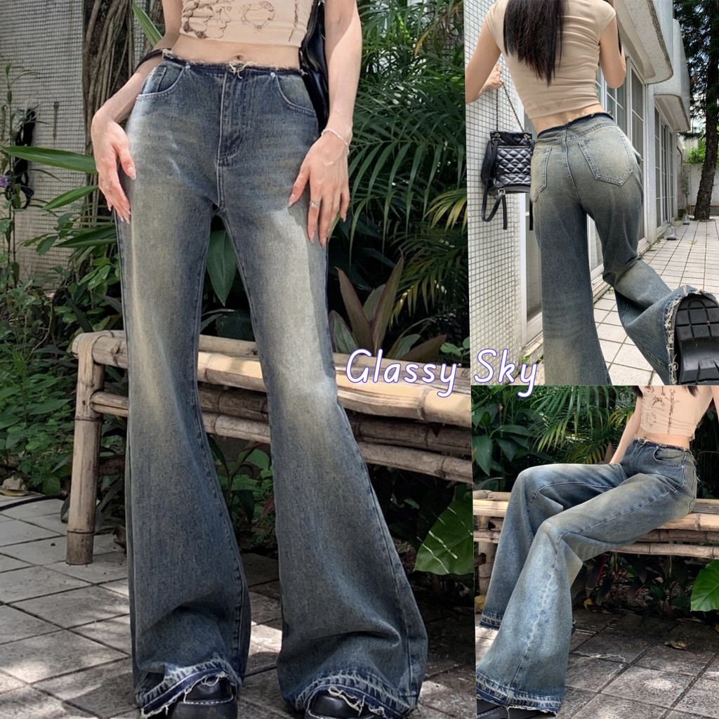 Glassy Sky💖พร้อมส่💖  (1901) -NZ กางเกงยีนส์เอวต่ำ ปลายขาม้าเล็ก เท่มาก