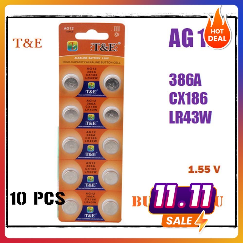 ถ่านกระดุม T&E รุ่น AG12 LR43 386 ปุ่มแบตเตอรี่ SR43 186 SR1142 LR1142  1.55 V