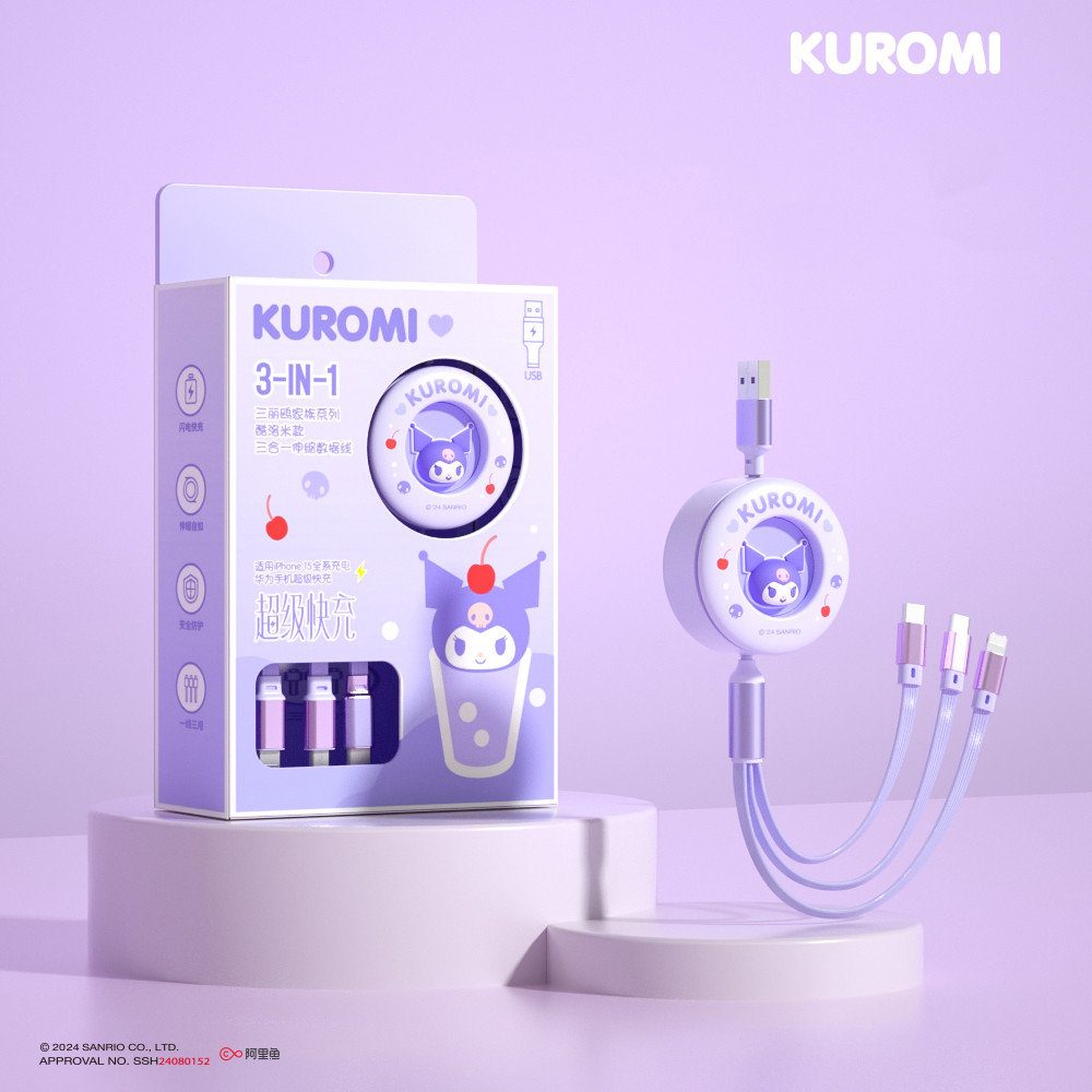 2a Sanrio SJ-719 3 In 1 Fast สายชาร์จข้อมูล Pochacco Kuromi Hello Kitty Cinnamoroll Type-c USB โทรศั
