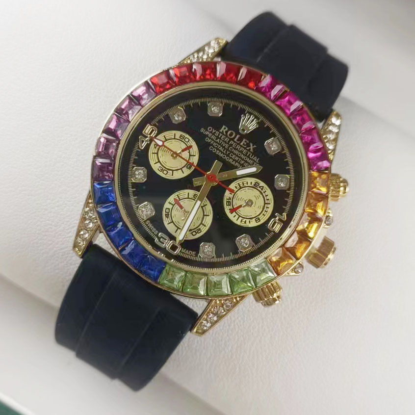 Rolex ระเบิดซิลิโคนเดิมชายและหญิงธุรกิจสายรุ้งดีแฟชั่นร้อยหลากสีเพชรควอตซ์นาฬิกามัลติฟังก์ชั่นาฬิกาคุณภาพสูง