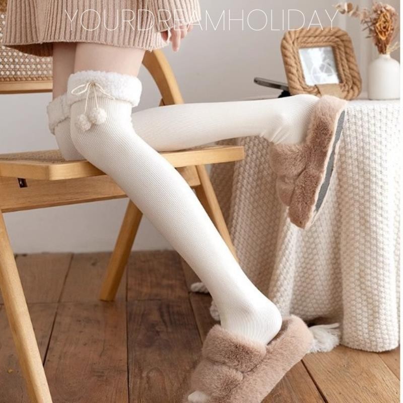 ญี่ปุ่น Lolita ลาย Plush ถุงน่องฤดูใบไม้ร่วงฤดูหนาว Kawaii Lamb ขนสัตว์ Tights Ball ถุงเท้าลูกวัวเข่าถุงเท้าสูง