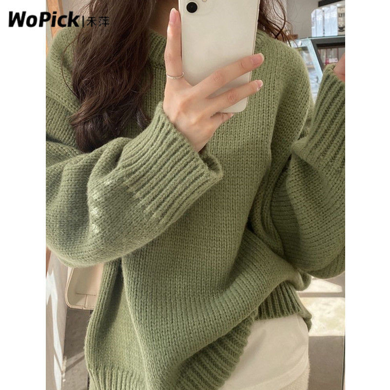 Heping สีเขียวรอบคอเสื้อกันหนาวผู้หญิงฤดูใบไม้ผลิฤดูใบไม้ร่วง oversize ญี่ปุ่นขี้เกียจ Retro High-En