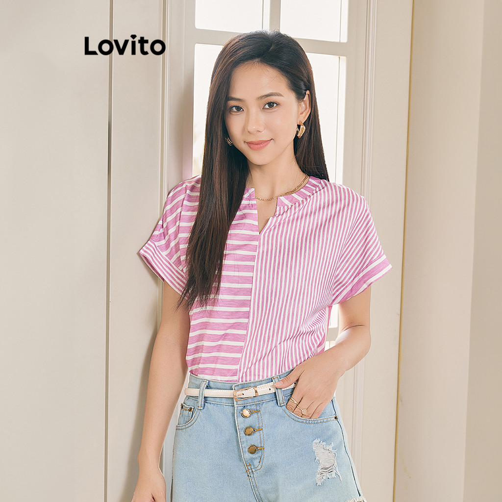 Lovito เสื้อเบสิคลายทางลำลองสำหรับผู้หญิง L95ED875