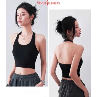S-xl เสื้อกล้ามเชือกแขวนคอวินเทจพร้อมแผ่นรองหน้าอกเกลียวเสื้อครอปเปลือยคอยู