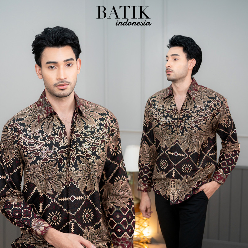 เสื้อบาติกหรือปาเต๊ะแขนยาว เสื้อเชิ้ตมุสลิมชาย งานกระดุมซ่อน ทันสมัยพิมพ์ลายอย่างดี BT22วาริสมุสลิม