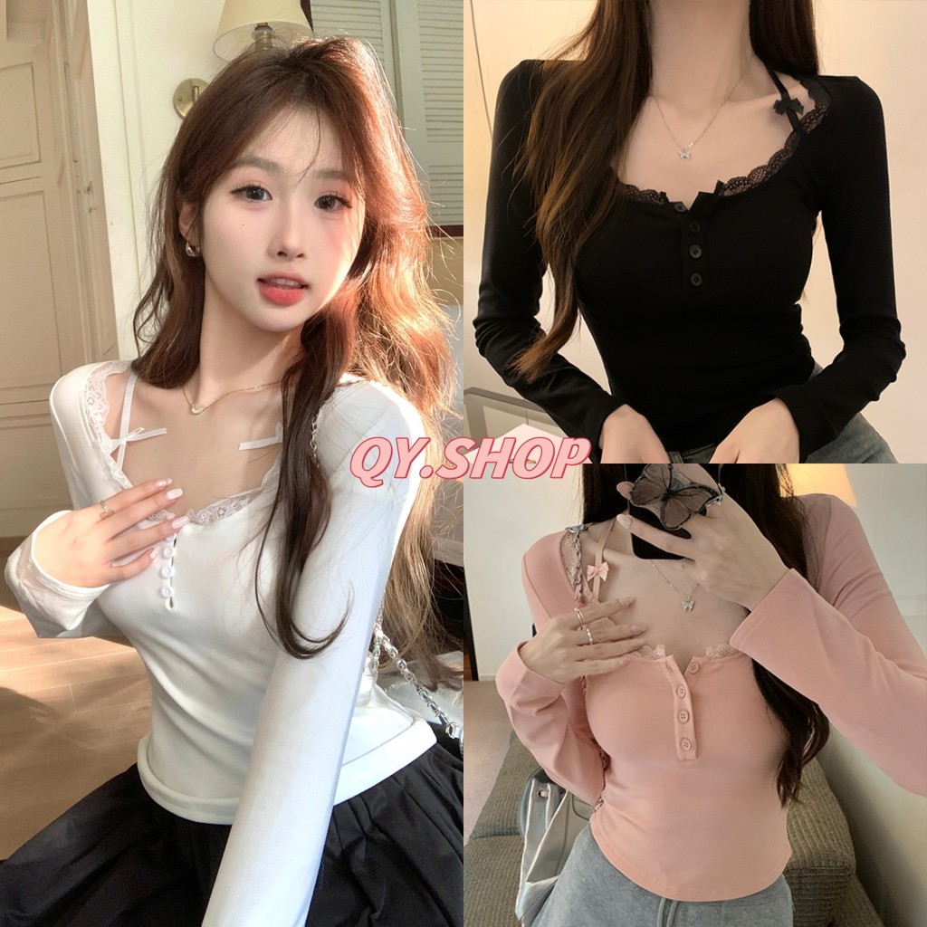 QY.Shop⭐️​เสื้อสตรี เสื้อแขนยาว มีฟองน้ำ ดีเทลแต่งสายยืดตามตัวผ้านุ่มนิ่ม สไตล์เกาหลี "FY5046"