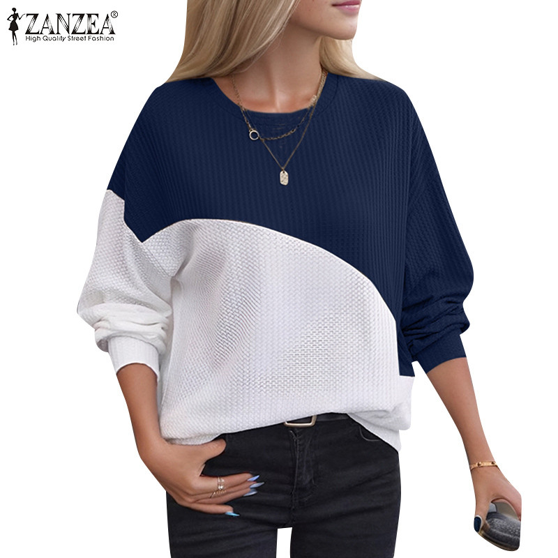 ZANZEA ใส่ ซานเซีย ผู้หญิงวินเทจลําลองคอกลมแขนยาวสีปิดกั้นวาฟเฟิลเสื้อยืด