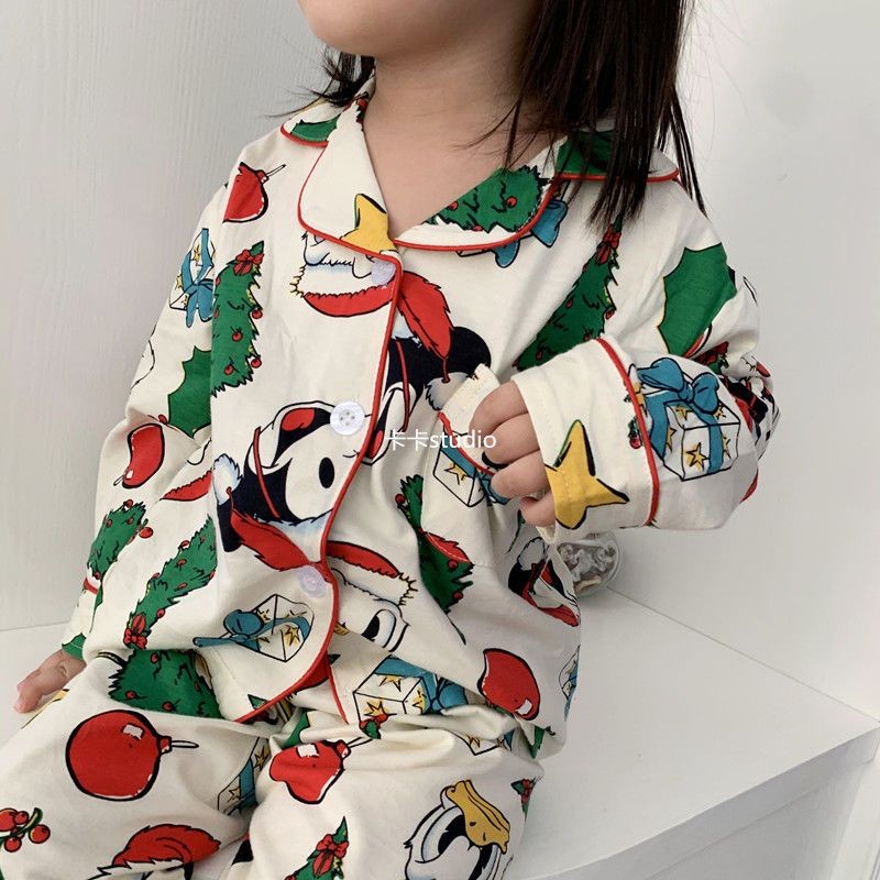 [W.M KIDS & BABY] พร้อมสต็อก & จัดส่งฟรีชายหญิงชุดนอนฤดูใบไม้ผลิฤดูใบไม้ร่วงเวอร์ชั่นเกาหลีสไตล์ใหม่เด็กแขนยาวต้นคริสต์มาสพิมพ์Homewearสูทขนาดกลางขนาดใหญ่เด็กสบายๆPa