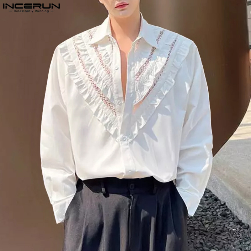 Incerun ผู้ชายเกาหลี Patchwork Casual Turn Down Collar เสื้อแขนยาว