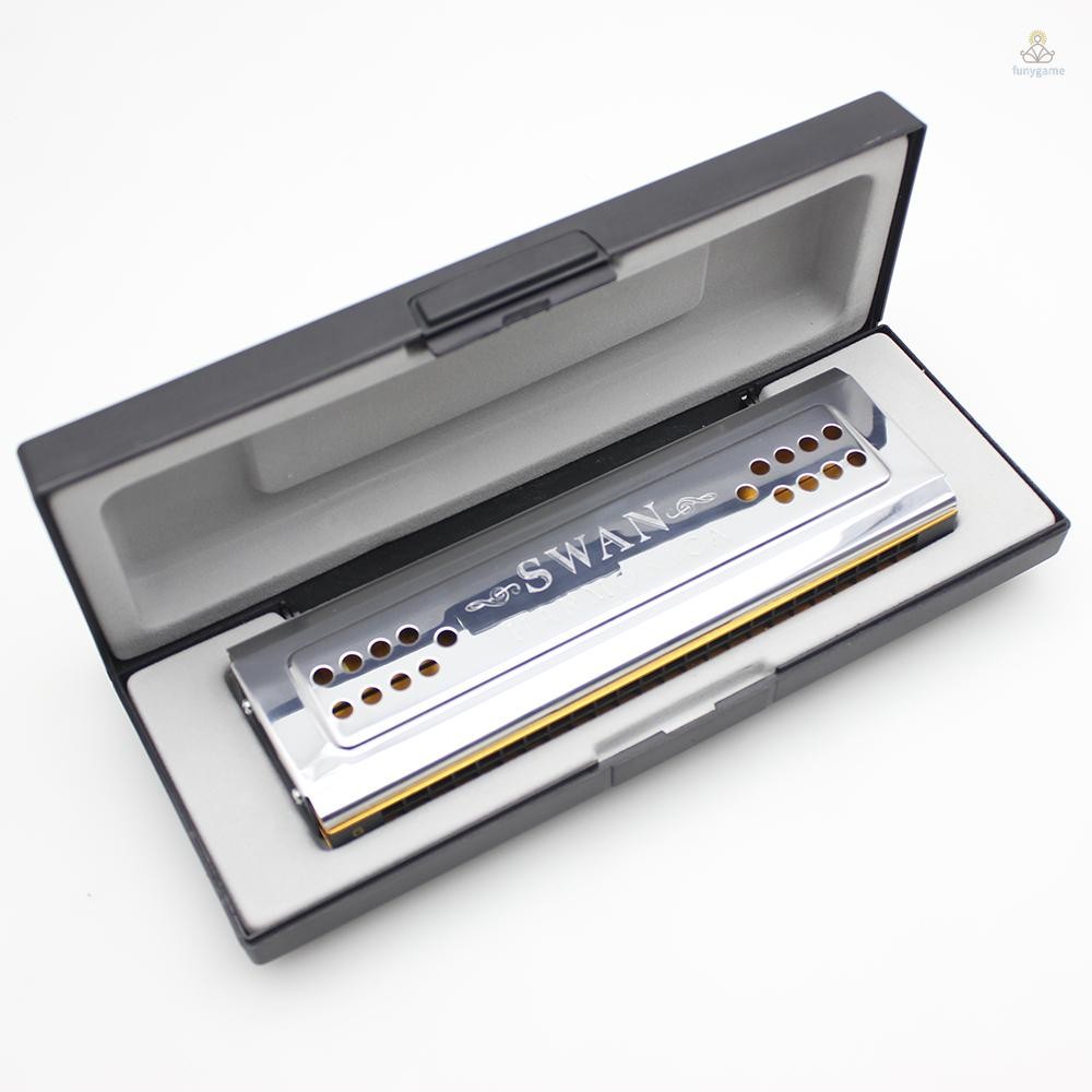 Swan 2-in-1 Dual-sided Tremolo Harmonica ปาก Dural Key of C & G 24 สองหลุม Reed ลมเครื่องมือพร้อมกล่องเบาะผ้าทําความสะอาด