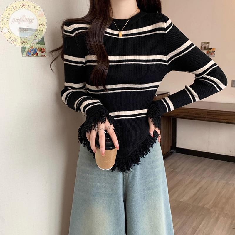 Pured ไม่สม่ําเสมอลาย sel ถักฤดูใบไม้ร่วงผู้หญิง Slim Fit Chic เสื้อกันหนาวคอกลม TH