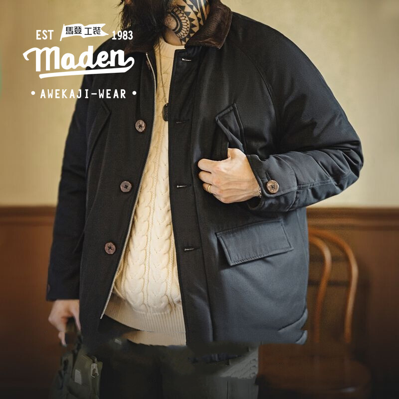 Maden ยี่ห้อ workwear สไตล์ชายหนุ่ม 2024 ฤดูหนาวใหม่อเมริกันย้อนยุค Safari tough guy เสื้อแจ็คเก็ตผ้าฝ้ายเสื้อคอหนา warm ผ้าใบแจ็คเก็ต