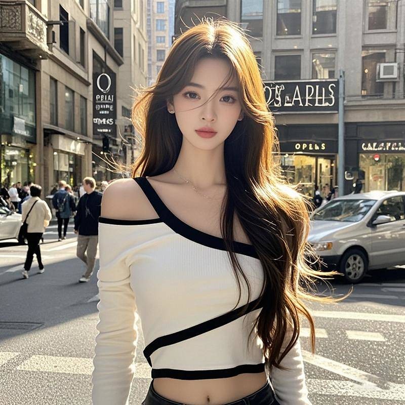 Korean Style Chic Pure Desire Hot Girl Design Sense Niche Shoulder Long Sleeve T-shirt Unique Chic Short Top for Women Autumn and Winter P1aW