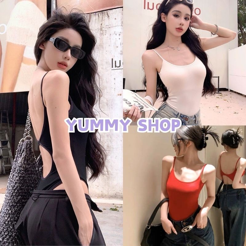 Yummy Shop พร้อมส่ง【FY2634-1】 ชุดบอดี้สูท มีฟองน้ำ ทรงรัดรูป ผ้าร่อง สายเดี่ยว เว้าหลังแซ่บๆ สายเดี่ยวมีฟองน้ำ เสื้อบอด