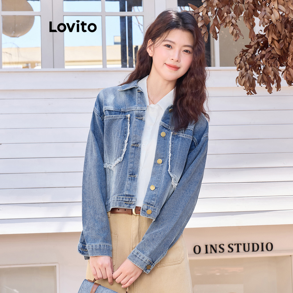 Lovito เสื้อแจ็คเก็ตยีนส์มิ้มสำหรับผู้หญิงแบบสบาย ๆ ล้างธรรมดากระเป๋าดิบชายเสื้อแจ็คเก็ตยีนส์สำหรับผู้หญิง L106AD770