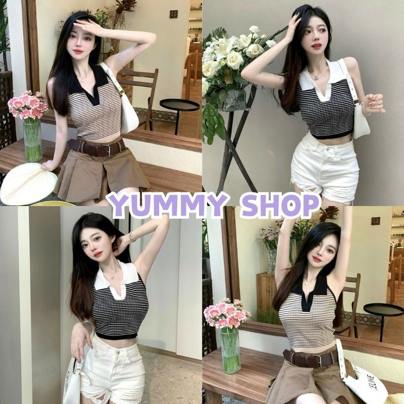 Yummy Shop พร้อมส่ง 【0236】เสื้อครอปคล้องคอไหมพรม คอปก ดีเทลลายทางน่ารักมาก -C
