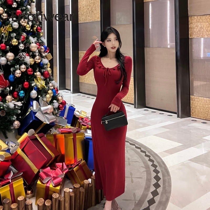 Erroriwear ผู้หญิง Midi Dress 2024 สีทึบคอวีแขนยาวชุดลําลองคริสต์มาส Bodycon Dresses