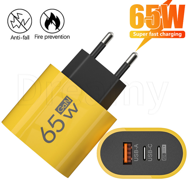65w EU/US Plug Charger - 3 พอร์ต GaN Charger Power Adapter - Type-C + USB + PD Travel Plug - Wall Charger Plug Head - Universal Fast Charging Block - สําหรับโทรศัพท์, แท็บเล็ต, แล็ปท็อป