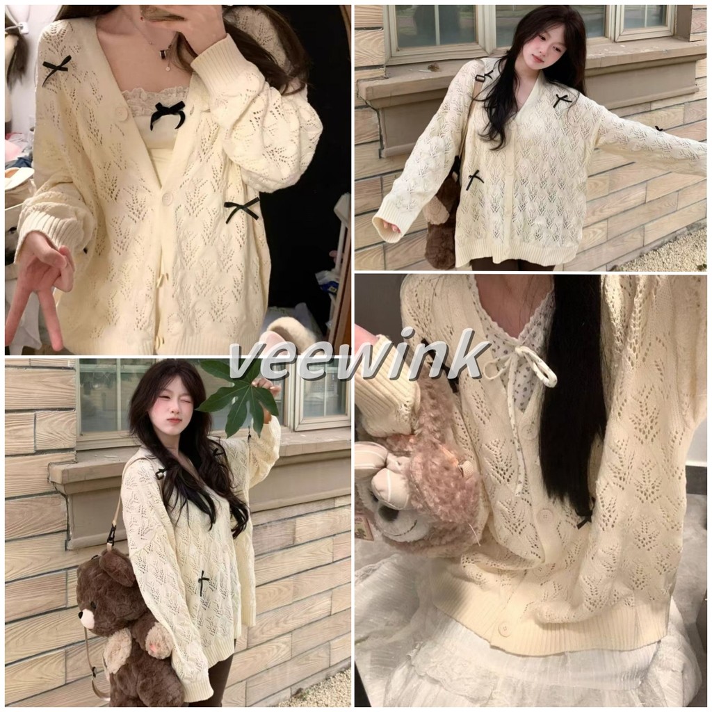 Veewink พร้อมส่งจากกทม สื้อกันหนาว เสื้อคาร์ดิแกน แขนโคมหลวม ทรงหลวมใส่สบาย ตกแต่งผีเสื้อ