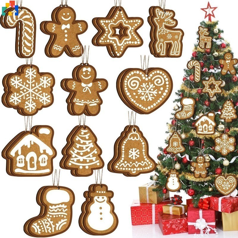 12 ชิ้น/เซ็ตต้นคริสต์มาสจี้ไม้ Gingerbread Man Snowflake Elk รูปร่างแขวนเครื่องประดับ Xmas Party ของขวัญ Decor