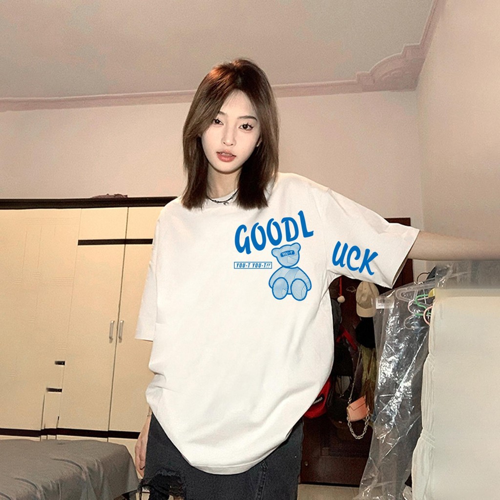 Y-T เสื้อยืดแขนสั้น ไม่หดตัว ไม่จำกัดเพศ ผ้านุ่ม ไม่จำเป็นต้องรีดผ้า เสื้อยืดโอเวอร์ไซส์ พิมพ์คำว่า "โชคดี"