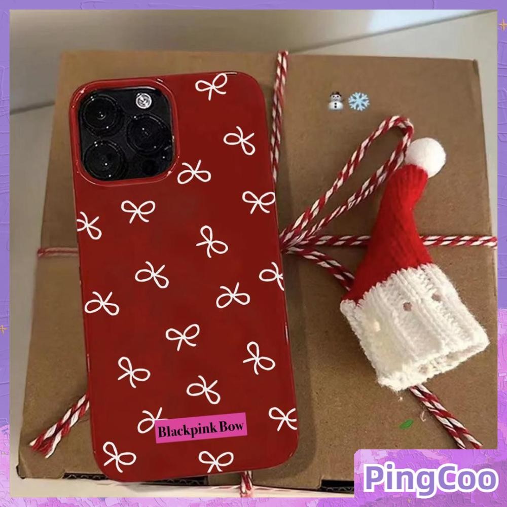 Pingcoo - เคส iPhone 16 Pro max สีแดง เคส TPU นิ่มเงา กันกระแทก ป้องกันกล้อง โบว์สีขาวน่ารัก Compatible With iPhone15 14 13 12 Pro Max 11 XR XS Max 7 8Plus