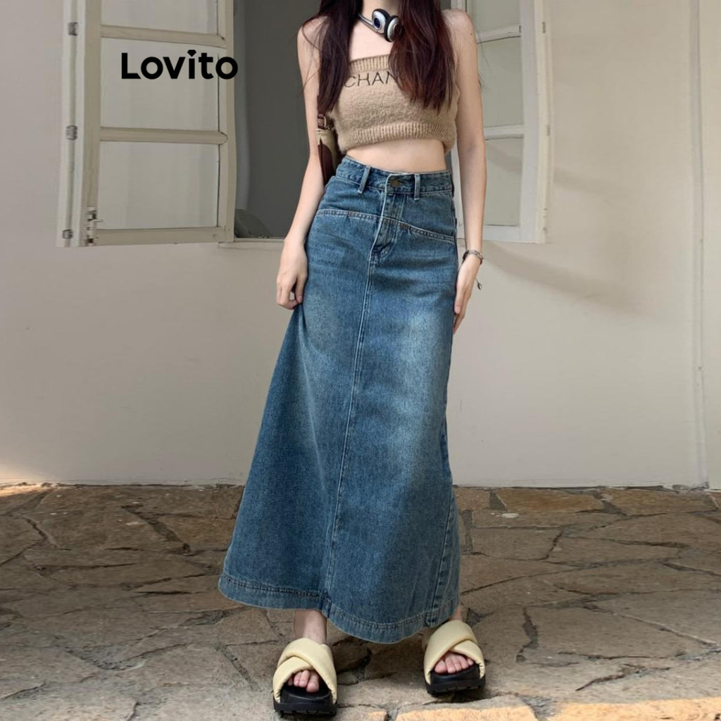 Lovito กระโปรงยีนส์ผู้หญิง เบสิก สีพื้น สไตล์ลำลอง LNE45224(หลากสี)
