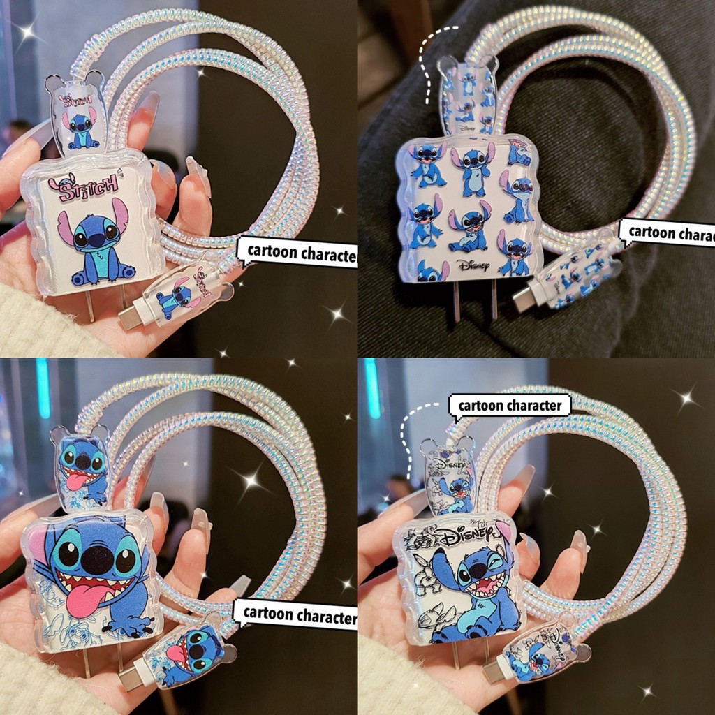 5pcs การ์ตูน Stitch สายชาร์จข้อมูลอุปกรณ์เสริม Winder เหมาะสําหรับ IPhone 18w/20w Charger ฝาครอบป้องกันเปลือกป้องกัน