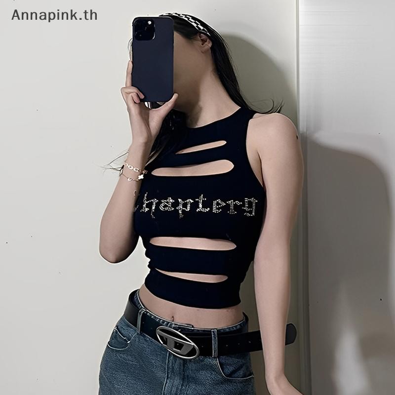 Ank ผู้หญิงแฟชั่น Y2K Streetwear แฟชั่นไม่สม่ําเสมอ Hollow Out เพชรรอบคอเซ็กซี่แน่นแขนกุดสีดํา Crop Tank Tops EN