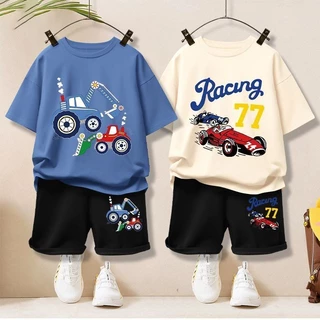 ชุดเด็กผู้ชาย 2025 เสื้อผ้าฤดูร้อนใหม่ ชุดเสื้อยืดแขนสั้น สไตล์ฤดูร้อนสำหรับเด็ก